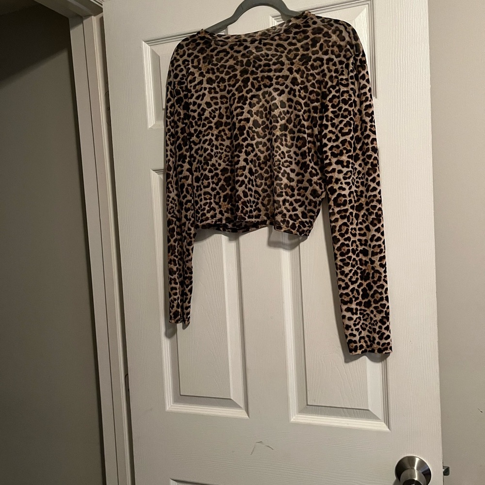 Long sleeve sheer leopard print mesh crop top.
